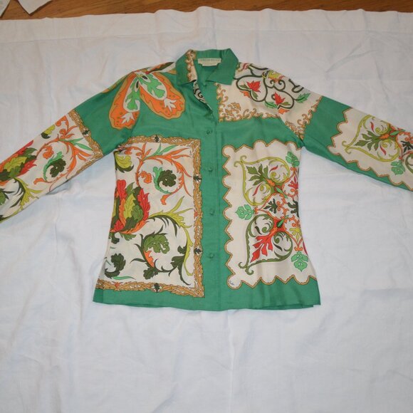 Vintage 1960s Emilio Pucci 100% Silk Blouse Green Orange Size 10 -XS SMALL/SMALL - Picture 3 of 15